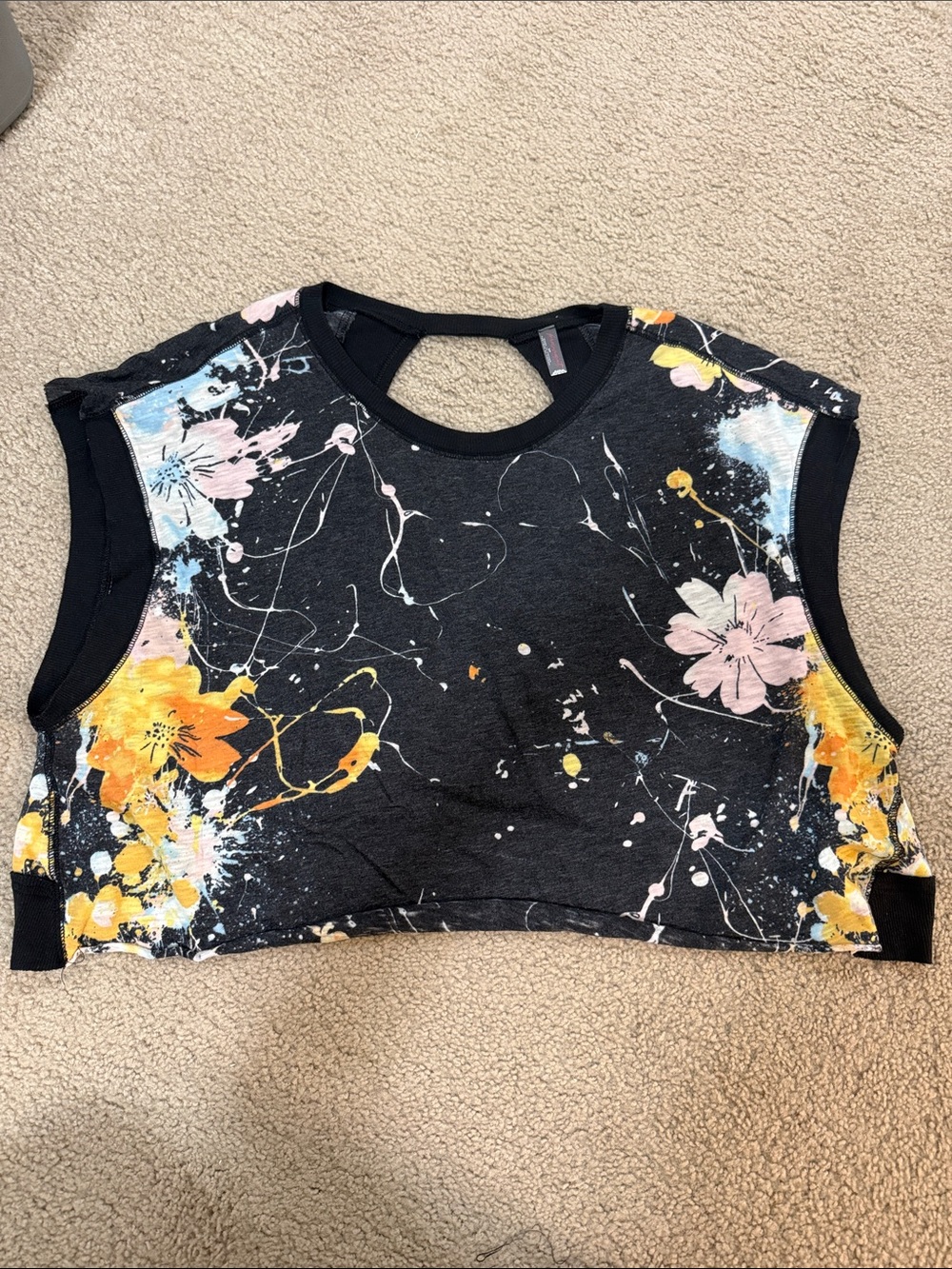 FP Movement by Free People Black Floral Paint-Splash Cropped Tee